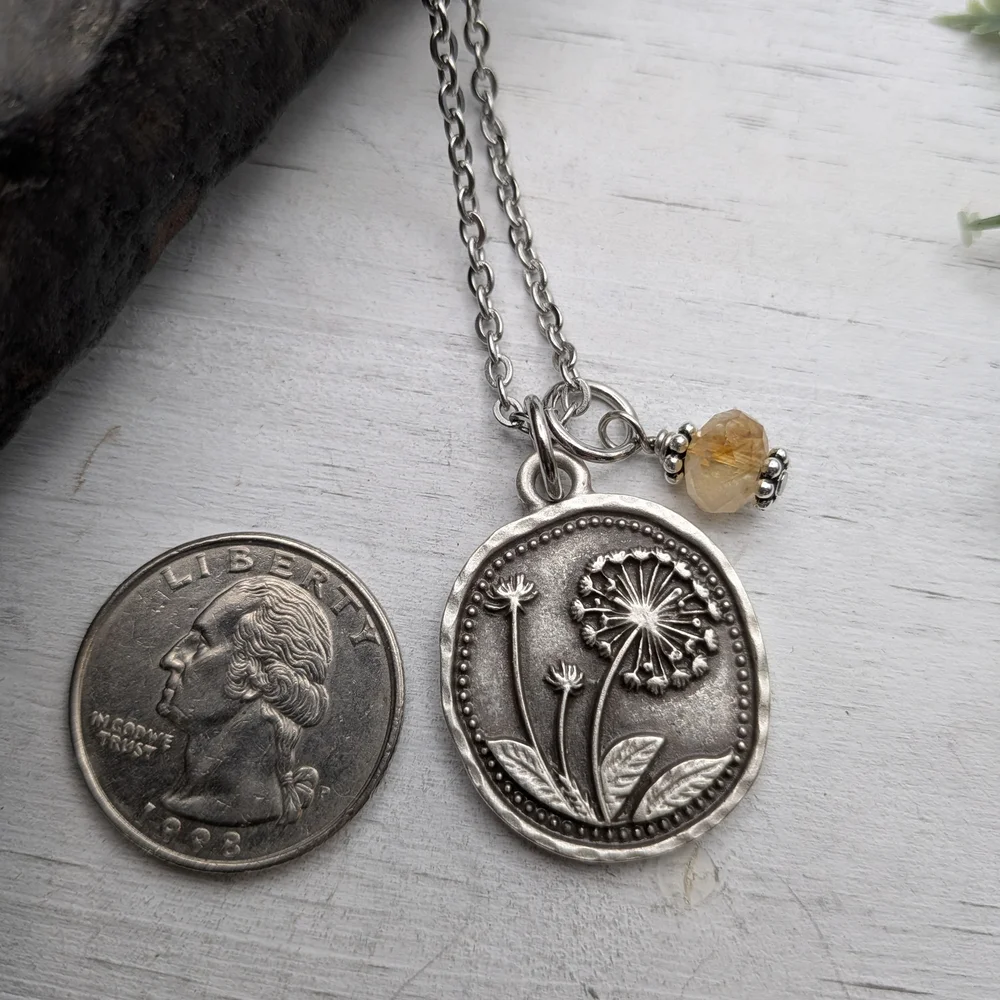Silver Toned Dandelion Flower Pendant Necklace with Yellow Gemstone - Picture 2 of 4